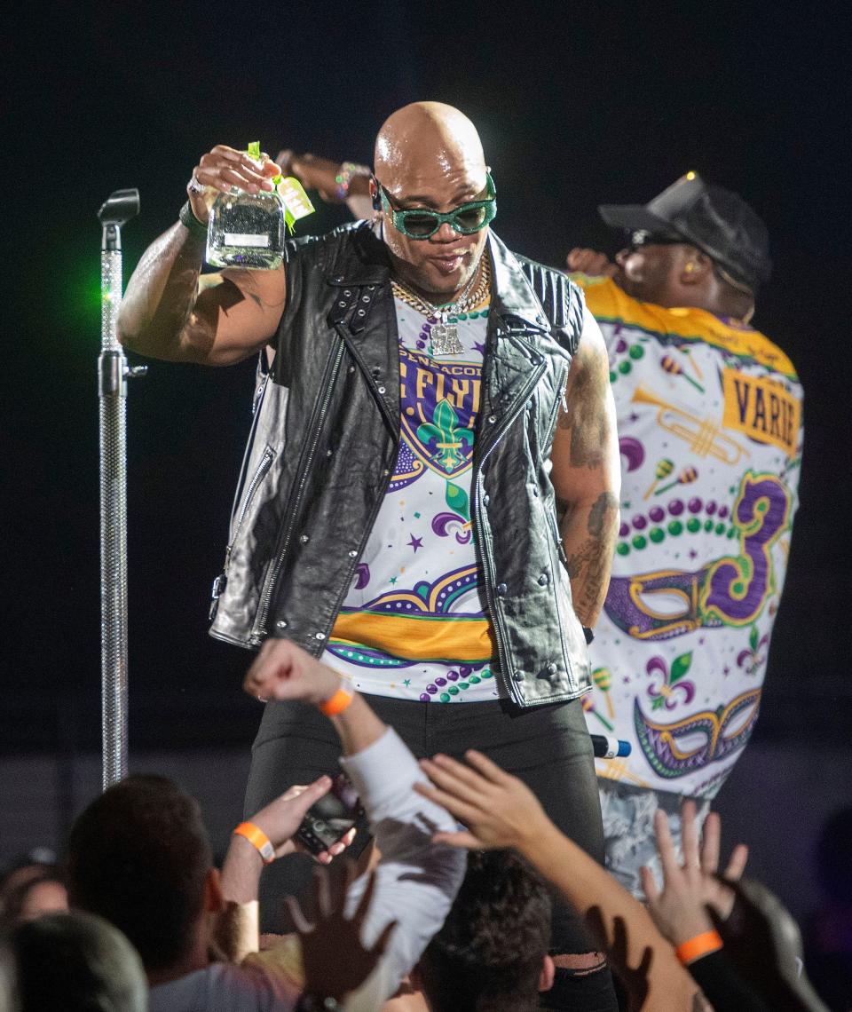 Hip-hop artist Flo Rida is shown at the inaugural Pensacola Mardi Gras Mambo at the Pensacola Bay Center on Jan. 26, 2024. The artist will perform in July at Toledo's Promenade Park.