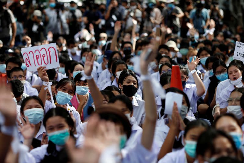 Anti-government protesters and students attend a demonstration in Bangkok