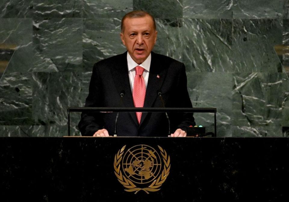 Turkish President Recep Tayyip Erdogan addresses the 77th session of the United Nations General Assembly at UN headquarters in New York City on September 20, 2022. (Photo by TIMOTHY A. CLARY / AFP) (Photo by TIMOTHY A. CLARY/AFP via Getty Images)