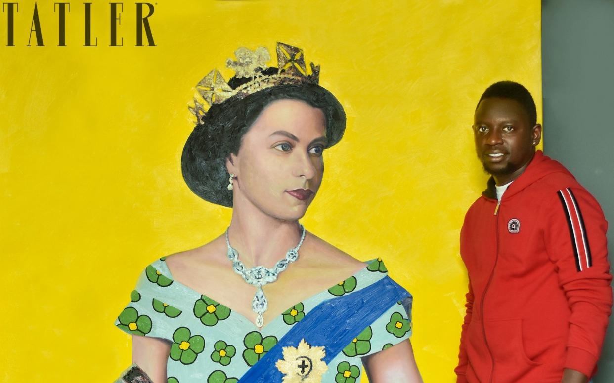 Artist Oluwole Omofemi with his portrait of the Queen - Oluwole Omofemi