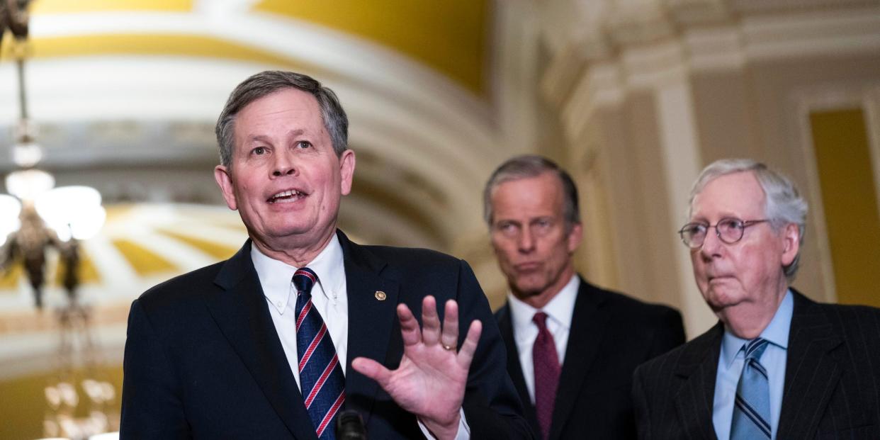 Republican Sen. Steve Daines of Montana, the chairman of the National Republican Senatorial Committee, speaking at a press conference on Capitol Hill in February 2021.