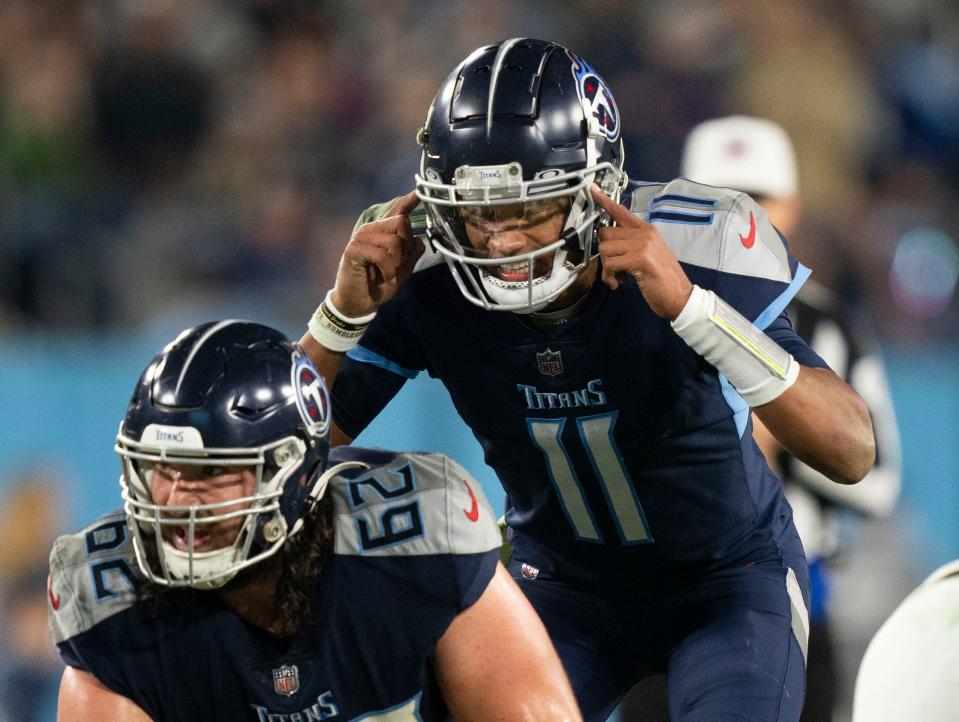 Tennessee Titans quarterback Joshua Dobbs (11) calls a play at the line of scrimmage during the third quarter of the game against the Dallas Cowboys at Nissan Stadium Thursday, Dec. 29, 2022, in Nashville, Tenn. 