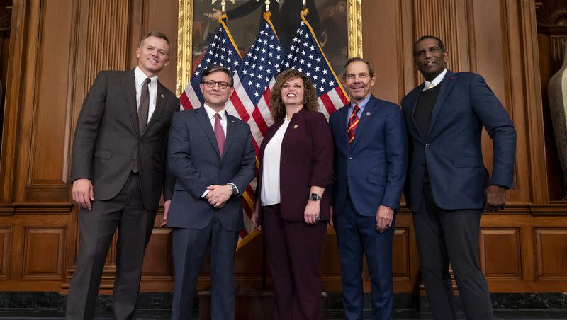 From left, Rep. Blake Moore, R-Utah, Speaker of House Mike Johnson, R-La., Rep. Celeste Maloy, R-Utah, Rep. John Curtis, R-Utah., and Rep. Burges Owens, R-Utah, stand for a portrait during ceremonial swearing in ceremony for Maloy to the House of Representatives, Tuesday, Nov. 28, 2023, on Capitol Hill in Washington.