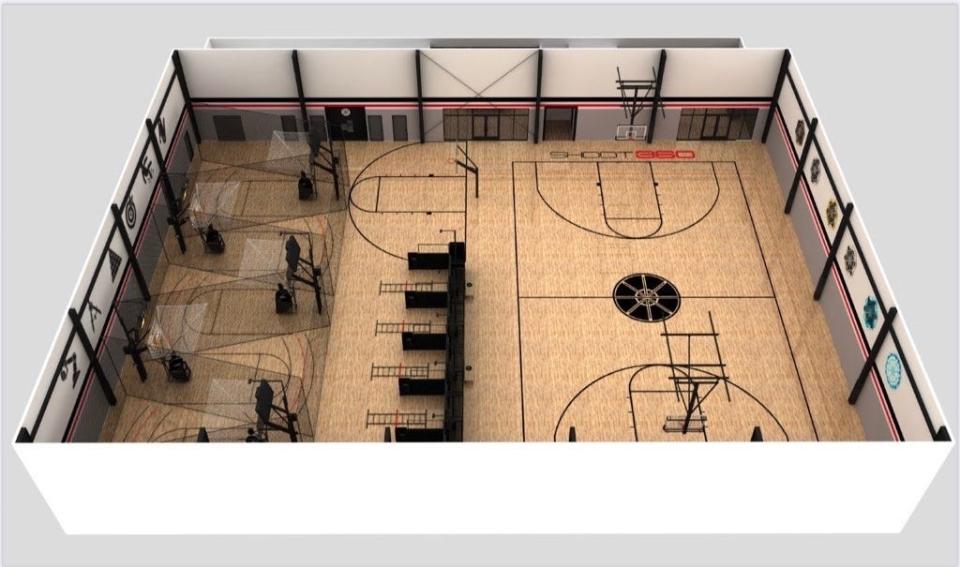 A rendering of the Shoot 360 facility that former UofL basketball star Peyton Siva is set to open in late September in Norton Commons. The illustration shows the various courts where members will improve their shooting, passing and dribbling skills.