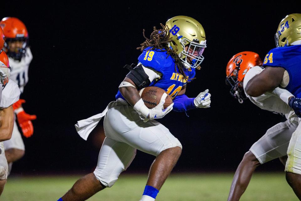 Cardinal Newman Dylan Bennett takes off against Benjamin during their football game on October 20, 2023 in West Palm Beach, Florida.