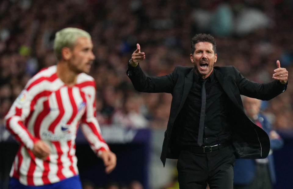 Diego Simeone, Head Coach of Atletico de Madrid reacts during the LaLiga Santander match between Atletico de Madrid and Real Madrid CF at Civitas Metropolitano Stadium on September 18, 2022 in Madrid, Spain.