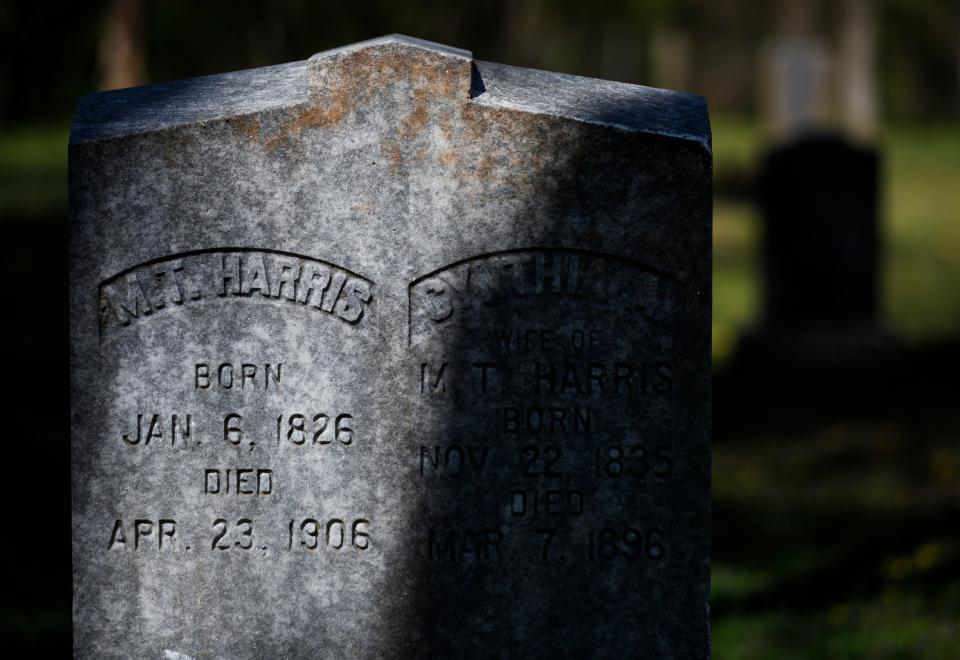 A headstone at the McElhaney Cemetery located off the South Creek Greenway in southwest Springfield on Tuesday, April 11, 2023.
