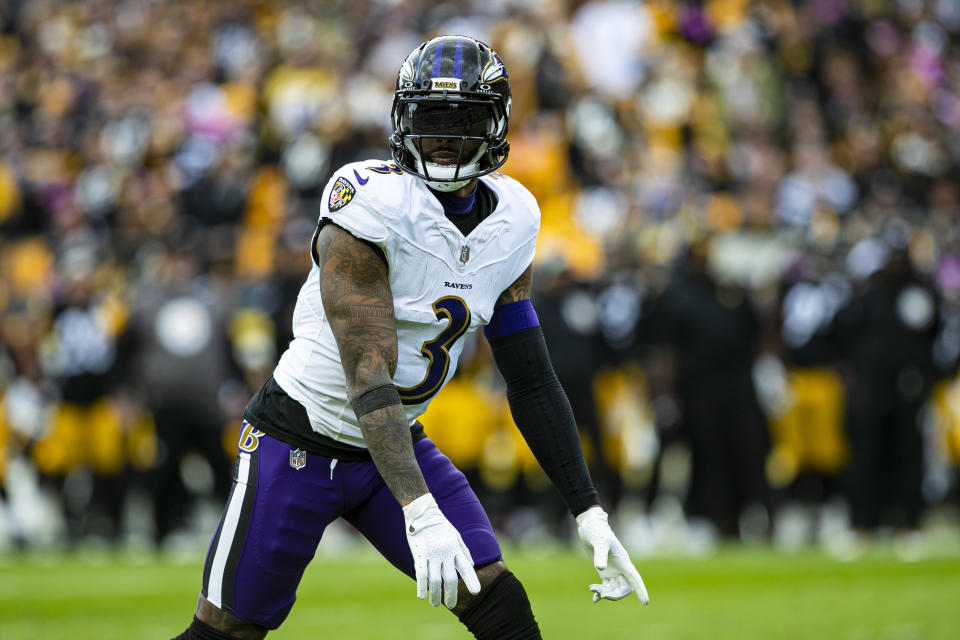 PITTSBURGH, PA - OCTOBER 08: Baltimore Ravens wide receiver Odell Beckham Jr. (3) looks on during the regular season NFL football game between the Baltimore Ravens and Pittsburgh Steelers on October 08, 2023 at Acrisure Stadium in Pittsburgh, PA. (Photo by Mark Alberti/Icon Sportswire via Getty Images)