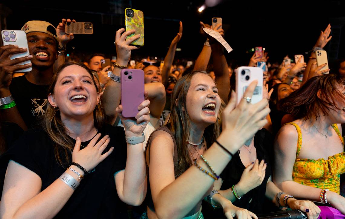 Fans react as Hozier performs in concert at Coastal Credit Union Music Park at Walnut Creek in Raleigh, N.C., Saturday night, April 20, 2024.