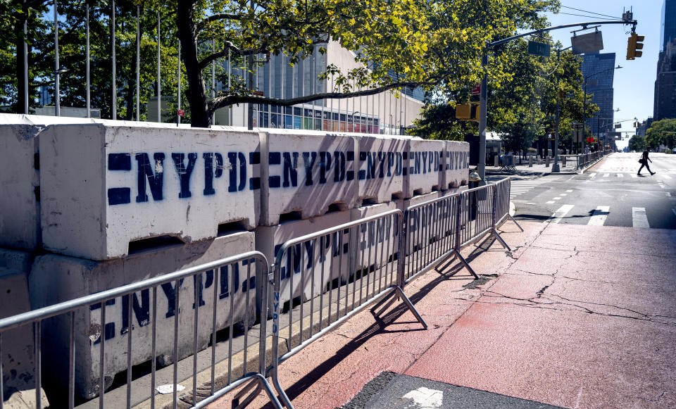 Security blocks are stacked near the United Nations headquarters Sunday, Sept. 19, 2021, in New York. The 76th Session of the UN General Assembly begins this week. (AP Photo/Craig Ruttle)