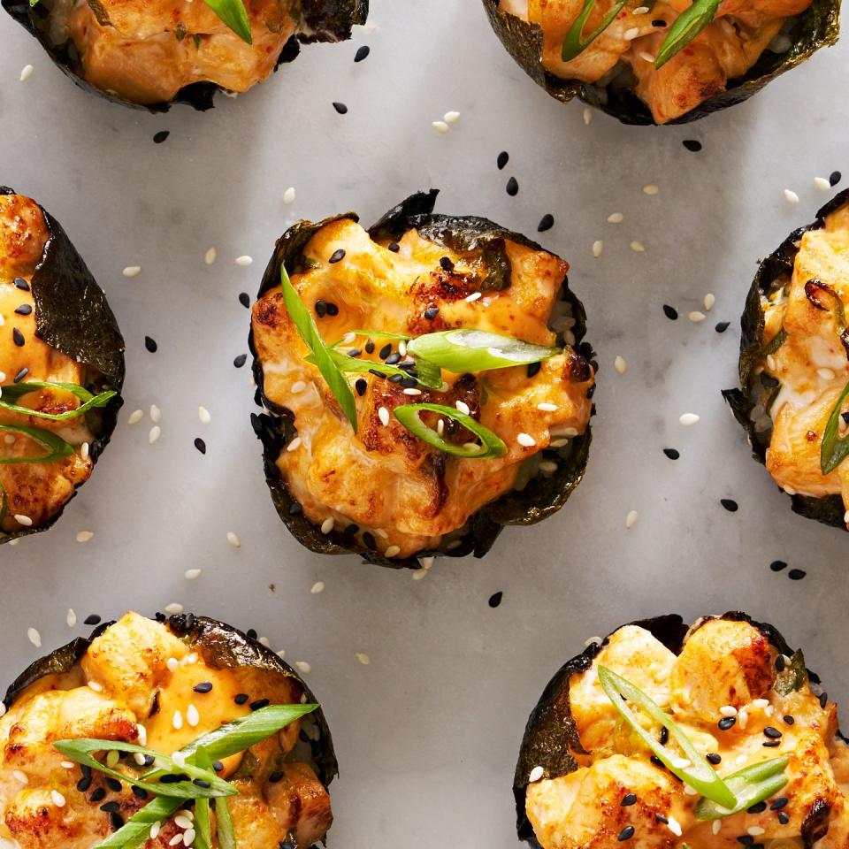 baked salmon sushi cups sprinkled with sesame seeds