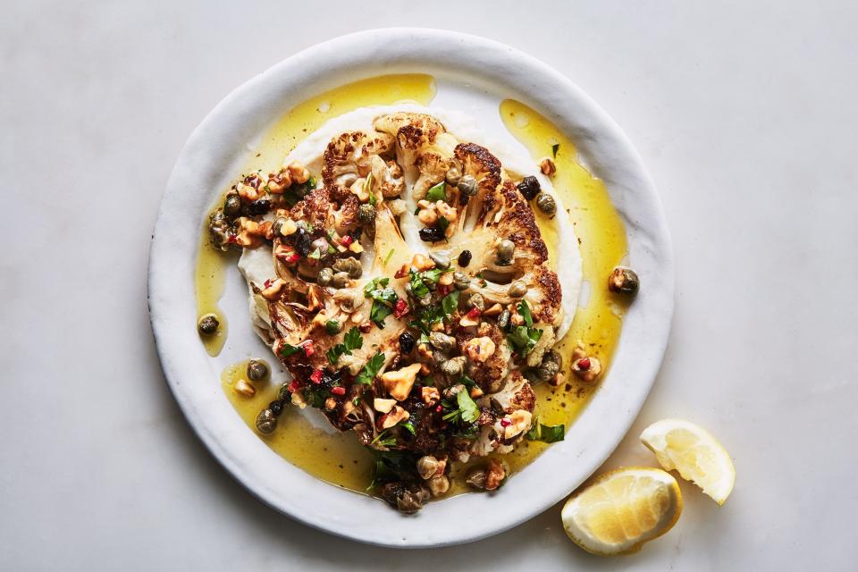 Cauliflower Steaks and Purée with Walnut-Caper Salsa