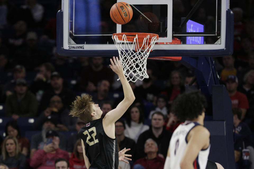 Eastern Oregon forward Riley O'Harra (22) shoots during the second half of the team's NCAA college basketball game against Gonzaga, Wednesday, Dec. 28, 2022, in Spokane, Wash. Gonzaga won 120-42. (AP Photo/Young Kwak)