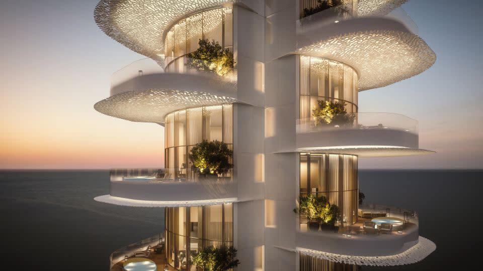 By staggering the levels of each unit, the balconies at Bulgari Lighthouse don't overlook each other, as seen in this digital rendering by ACPV ARCHITECTS and Neverending Studio. - Bulgari Hotels & Resorts