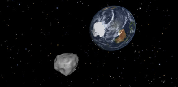 This NASA diagram depicting the passage of asteroid 2012 DA14 through the Earth-moon system on Feb. 15, 2013