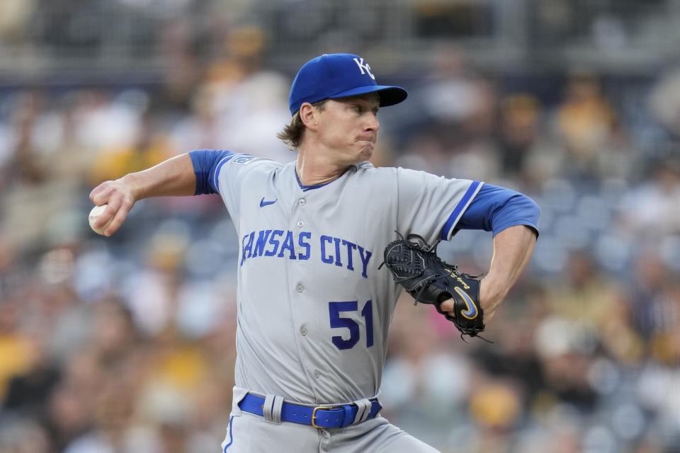 Kansas City Royals starting pitcher Brady Singer works against a San Diego Padres batter during the first inning of a baseball game Tuesday, May 16, 2023, in San Diego. (AP Photo/Gregory Bull)