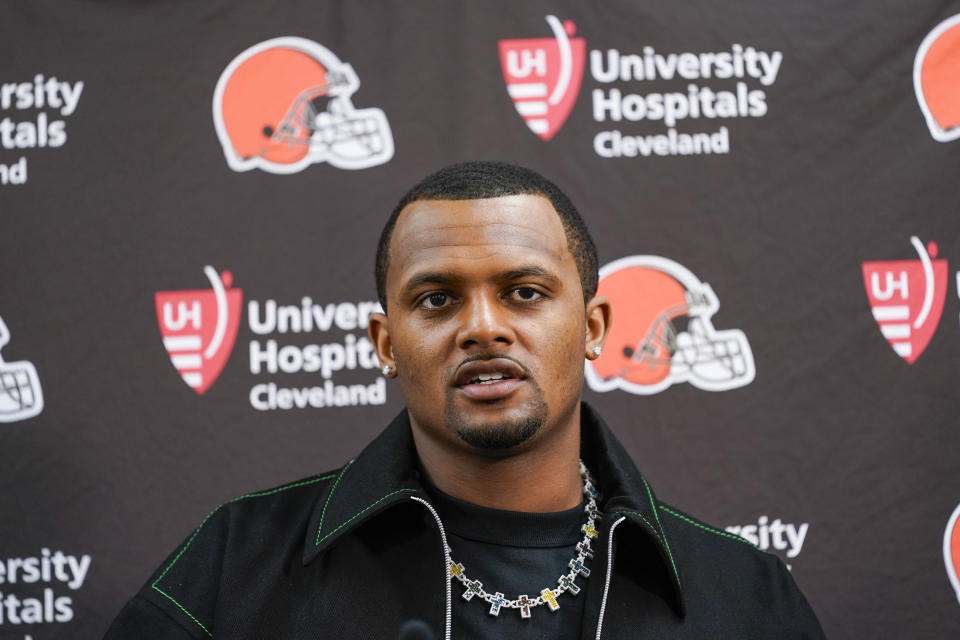 FILE - Cleveland Browns quarterback Deshaun Watson speaks during a news conference after their win against the Baltimore Ravens in an NFL football game Sunday, Nov. 12, 2023, in Baltimore. Browns quarterback Deshaun Watson will miss the rest of this season after breaking a bone in his right shoulder in Sunday's win over Baltimore — his signature game in two seasons. (AP Photo/Susan Walsh, File)