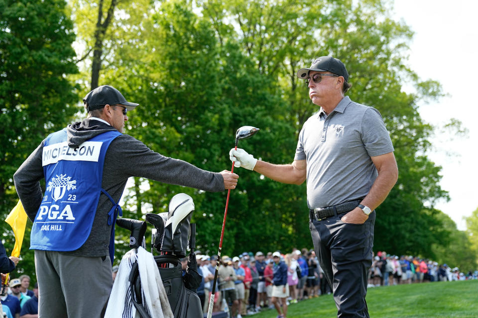 Phil Mickelson reacts to a tee shot on the 16th hole during the second round of the PGA Championship.