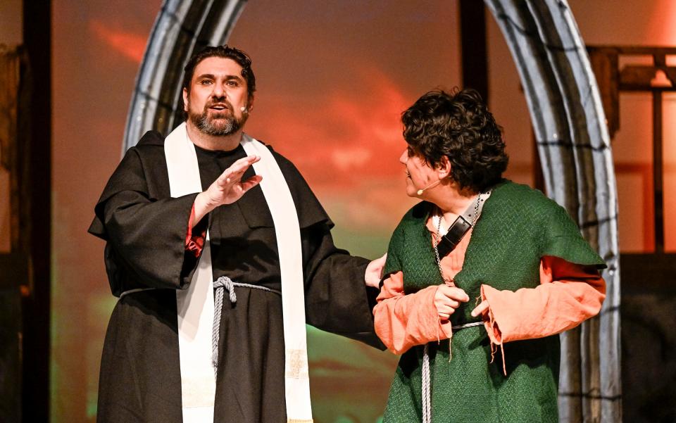 Michael Westpy, left, and Christian Daniel Araujo rehearse with Visalia Players for "The Hunchback of Notre Dame" on Wednesday, April 24, 2024. for "The Hunchback of Notre Dame" on Wednesday, April 24, 2024.