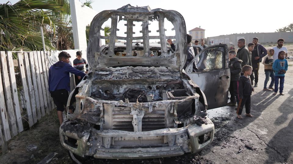 The first vehicle, which appeared to have suffered extensive fire damage, was geolocated on Al Rashid street just outside Deir al Balah. - AFP/Getty Images