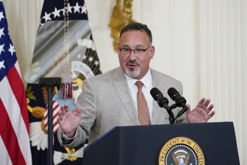 Education Secretary Miguel Cardona speaks during the 2022 National and State Teachers of the Year event in the East Room of the White House in Washington, April 27, 2022. (AP Photo/Susan Walsh, File)