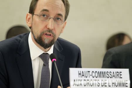 Newly appointed U.N. High Commissioner for Human Rights, Jordan's Prince Zeid Ra'ad Zeid al-Hussein speaks at the Human Rights Council at the United Nations Europeans headquarters in Geneva September 8, 2014. REUTERS/Pierre ALBOUY