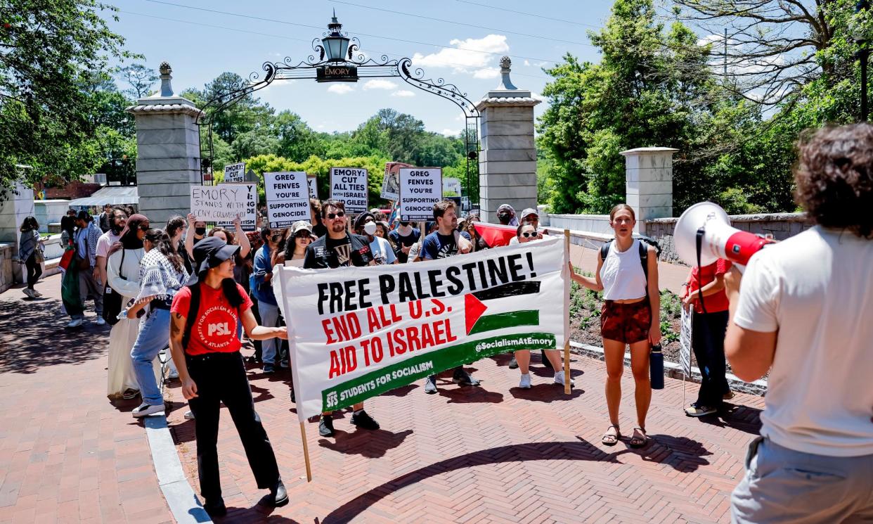 <span>Students and activists participate in a pro-Palestinian protest at Emory University in Atlanta, Georgia, on 1 May.</span><span>Photograph: Erik S Lesser/EPA</span>