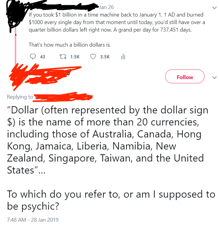 Meme featuring a tweet about how a dollar a day since 1 AD sums to over a billion, with a humorous response about the dollar's history