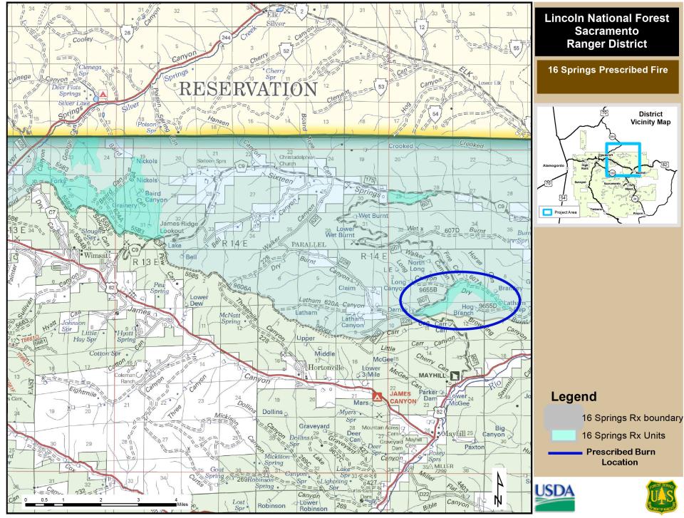 The Sacramento Ranger District plans to begin prescribed burning in the 16 Springs area approximately five miles north of Mayhill, NM beginning the last week in November 2021 and continuing throughout the Winter and Spring 2022 as conditions allow. Smoke from the prescribed burn is expected to travel northeast towards Roswell but may impact nearby homes.