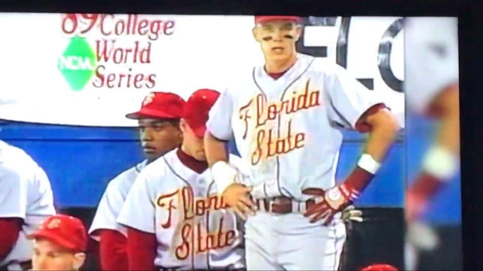 FSU center fielder Marc Ronan (front) with teammate Eduardo Perez (back) during the 1989 College World Series in Omaha, Nebraska.