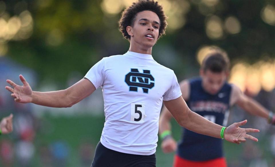 Clovis North’s Nickolas Miller, places first in the 200 at the CIF Central Section Masters track and field meet, held at Veterans Memorial Stadium on Saturday, May 20, 2023 in Clovis.