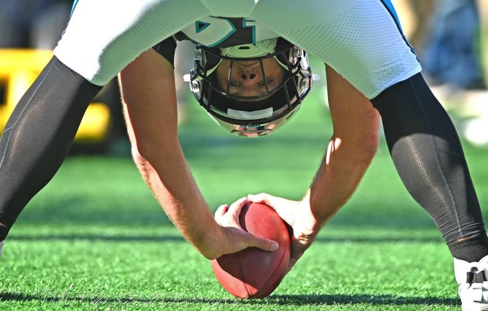 Carolina Panthers long snapper JJ Jansen warms up on the sideline during first half action against the Denver Broncos on Sunday, November 27, 2022 at Bank of America Stadium in Charlotte, NC. Jansen tied former kicker John Kasey for most games played at 221 in franchise history.