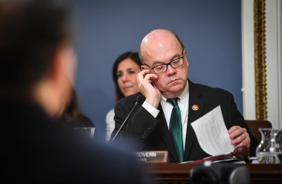 House Rules Chairman Jim McGovern (D-MA), listens as Rep. Jamie Raskin, D-Md., and Republican, Rep. Doug Collins of Georgia, speak to the rules committee. The Committee on Rules met on the following measure: H. Res. 755 — Impeaching Donald John Trump, President of the United States, for high crimes and misdemeanors. 