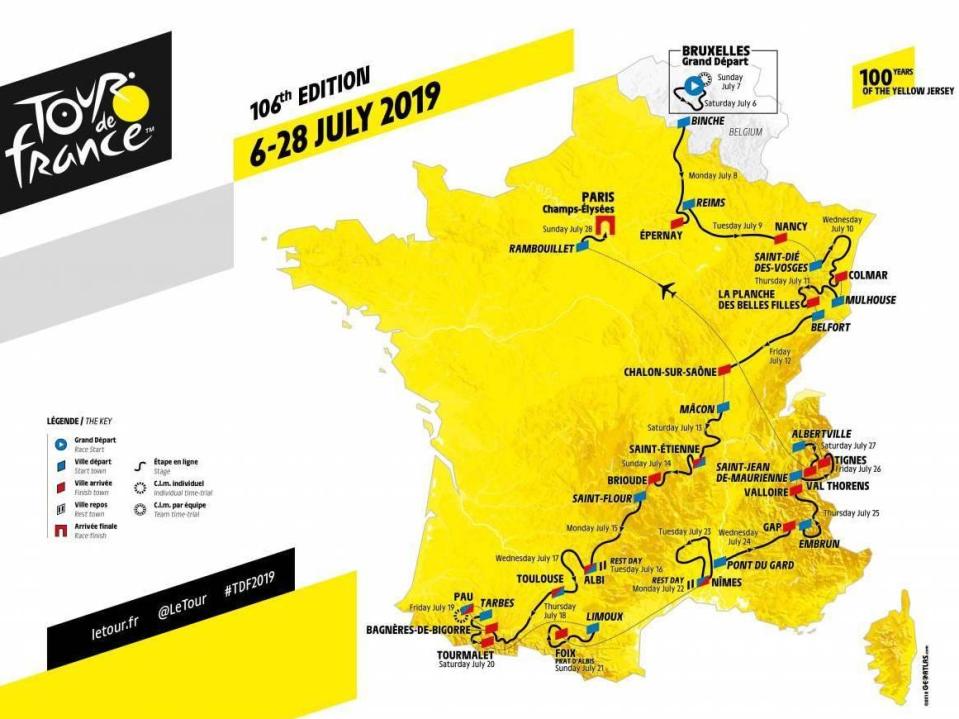 It seems to be said almost every year, but the 2019 Tour de France really is a giant. The 106th edition features five stage finishes on mountain summits, three of which peak at more than 2,000m above sea level in what organisers have dubbed “the highest race in history”.While there are fewer hors categorie climbs – the most severe – than last year’s race, there are plenty more category twos and threes to encourage attacks, breakaways and aggressive riding. Awaiting the peloton after the Grand Depart in Brussels is a challenging opening 10 stages before the first rest day, including a finish on top of La Planche des Belles Filles (The Plank of Beautiful Girls), where Chris Froome won in 2012 and Vincenzo Nibali won in 2014.Then comes the Tour’s very own Amen Corner: three mountain stages through the Pyrenees, including the legendary Col du Tourmalet, and an individual time trial, days which are likely to play a major role in deciding the destination of the yellow jersey. Whoever escapes the Pyrenees with yellow on their back will still have plenty more to do before the procession to Paris on Sunday 28 July, with a brutal test in the French Alps in the final three competitive stages, including the 2,770m-high Col d’Iseran, the highest road in Europe. At the end of three long weeks, this race will ultimately be clinched in the clouds above the Alps. Take a look through our stage-by-stage guide to see how the 2019 race route unfolds. Stage results * Stage 1 – Mike Teunissen (Jumbo-Visma) winner, yellow jersey * Stage 2 – Jumbo-Visma (team time-trial) winners), Mike Teunissen (Jumbo-Visma) yellow jersey * Stage 3 – Julian Alaphilippe (Deceuninck Quick-Step) winner, yellow jersey * Stage 4 – Elia Viviani (Deceuninck Quick-Step) winner, Julian Alaphilippe (Deceuninck Quick-Step) yellow jersey * Stage 5 – Peter Sagan (Bora-Hansgrohe) winner, Julian Alaphilippe (Deceuninck Quick-Step) yellow jersey * Stage 6 - Dylan Teuns (Bahrain-Merida) winner, Giulio Ciccone (Trek-Segafredo) yellow jersey * Stage 7 – Dylan Groenewegen (Jumbo-Visma) winner, Giulio Ciccone (Trek-Segafredo) yellow jersey * Stage 8 – Thomas De Gendt (Lotto-Soundal) winner, Julian Alaphlilippe (Deceuninck Quick-Step) yellow jersey * Stage 9 – Daryl Impey (Mitchelton-Scott) winner, Julian Alaphilippe (Deceuninck Quick-Step) yellow jersey * Stage 10 – Wout van Aaert (Jumbo-Visma) winner, Julian Alaphilippe (Deceuninck Quick-Step) yellow jersey * Stage 11 – Caleb Ewan (Lotto-Soudal) winner, Julian Alaphilippe (Deceuninck Quick-Step) yellow jersey