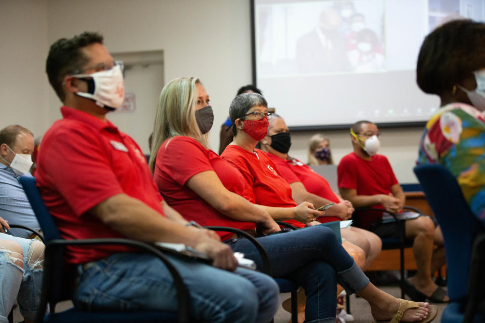 Representatives from the Leon Classroom Teacher Association, who are concerned about the number of teachers calling out sick, attend the Leon County School Board meeting Tuesday, August 10, 2021.