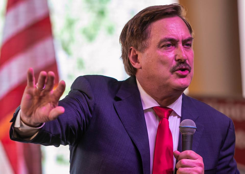 Keynote speaker Mike Lindell talked about how it was time to hold an election with out electronic voting machines. About 500 people attended the evening portion of Rock The Red event held at the Southeastern Livestock Pavilion June 11, 2022.