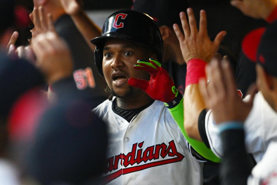 Aug 1, 2024; Cleveland, Ohio, USA; Cleveland Guardians third baseman Jose Ramirez (11) celebrates after hitting a home run during the seventh inning against the Baltimore Orioles at Progressive Field. Mandatory Credit: Ken Blaze-USA TODAY Sports