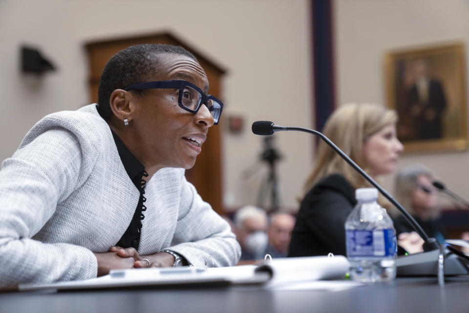 Harvard President Claudine Gay, left, speaks as University of Pennsylvania President Liz Magill listens during a hearing of the House Committee on Education on Capitol Hill, Tuesday, Dec. 5, 2023 in Washington. (AP Photo/Mark Schiefelbein)