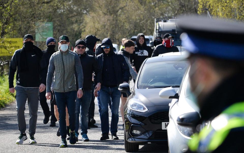 Police at Manchester United's Carrington training ground where a group of 'supporters' have protested by reportedly gaining access and speaking with manager Ole Gunnar Solskjaer - Anthony Moss /MEN Media 