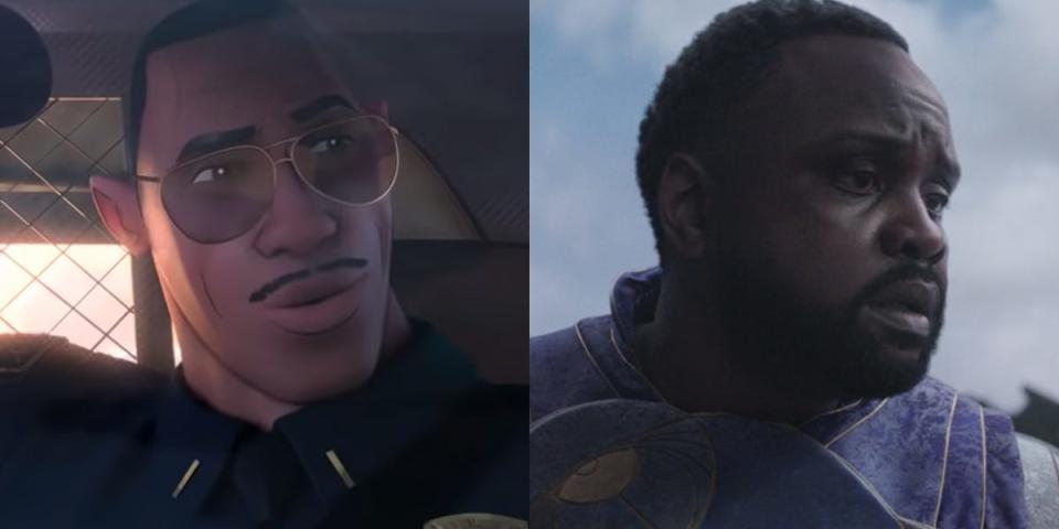 On the left: Jefferson Davis in "Spider-Man: Into the Spider-Verse." On the right: Brian Tyree Henry as Phastos in "Eternals."