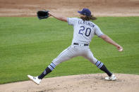 Tampa Bay Rays starting pitcher Tyler Glasnow delivers during the first inning of a baseball game against the Chicago White Sox Monday, June 14, 2021, in Chicago. (AP Photo/Charles Rex Arbogast)