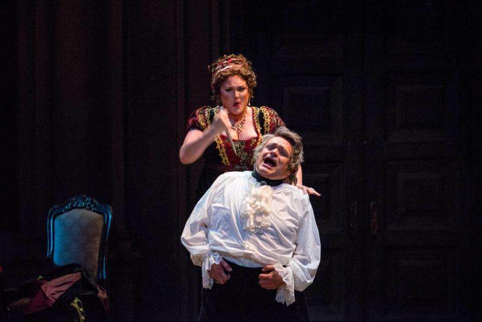 Todd Thomas as Scarpia in the 2014 production of Florida Grand Opera’s “Tosca” with soprano Kara Shay Thompson. (Photo courtesy of Justin Namon)