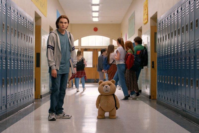 John (Max Burkholder) and Ted go to high school. Photo courtesy of Peacock