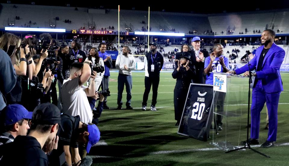 Kevin Byard a former MTSU player and current Titan's safety addresses the crowd at halftime of the game between MTSU and UTSA, during a ceremony were his jersey number is retired on Friday, Sept. 30, 2022, in Floyd Stadium at MTSU.