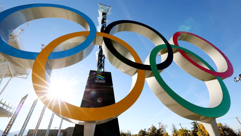 The Olympic rings and cauldron from the 2002 Winter Games are pictured at Rice-Eccles Stadium at the University of Utah in Salt Lake City on Monday, Oct. 31, 2022.