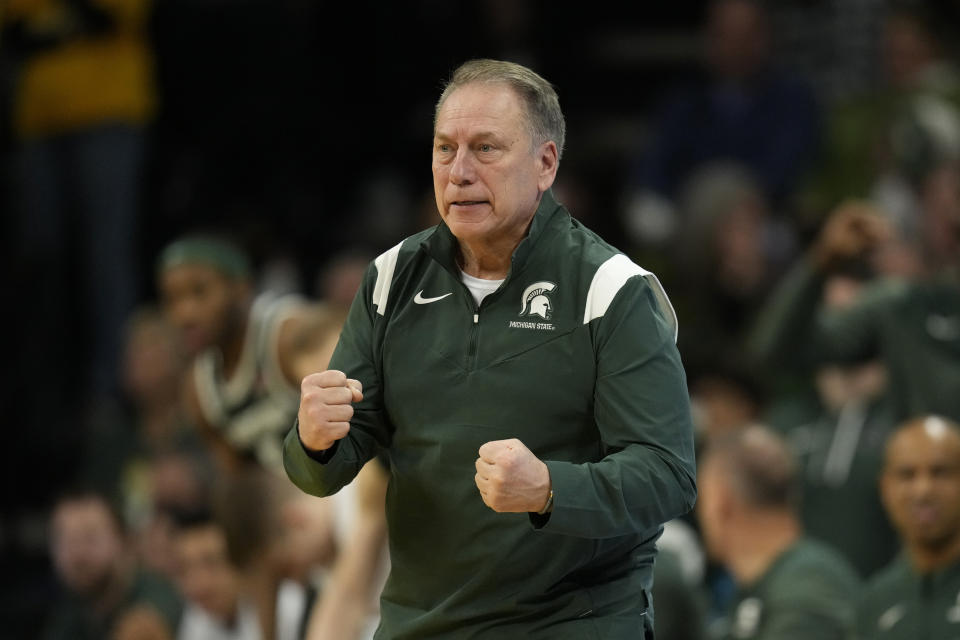 FILE - Michigan State head coach Tom Izzo reacts to a call during overtime in an NCAA college basketball game against Iowa, Saturday, Feb. 25, 2023, in Iowa City, Iowa. Michigan State was fourth in the AP preseason men's college basketball poll released Monday, Oct. 16, 2023.(AP Photo/Charlie Neibergall, File)