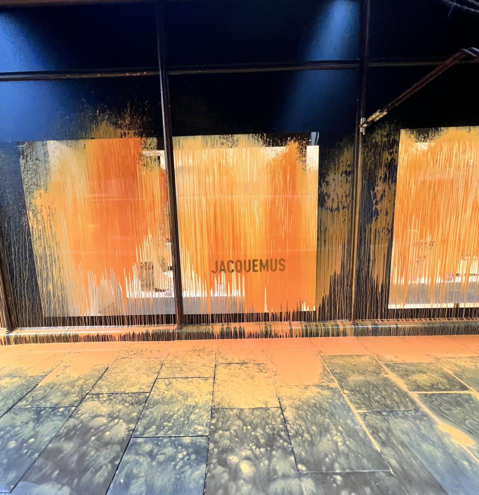 Two of Harrods' Knightsbridge store windows showcasing Jacquemus products were spray painted by Just Stop Oil activists.