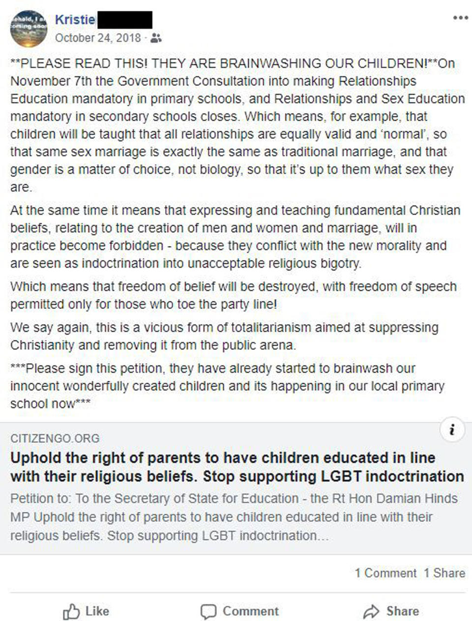 The mother-of-two shared and commented on Facebook posts which raised concerns about relationship education at her son’s Church of England primary school. (Facebook)