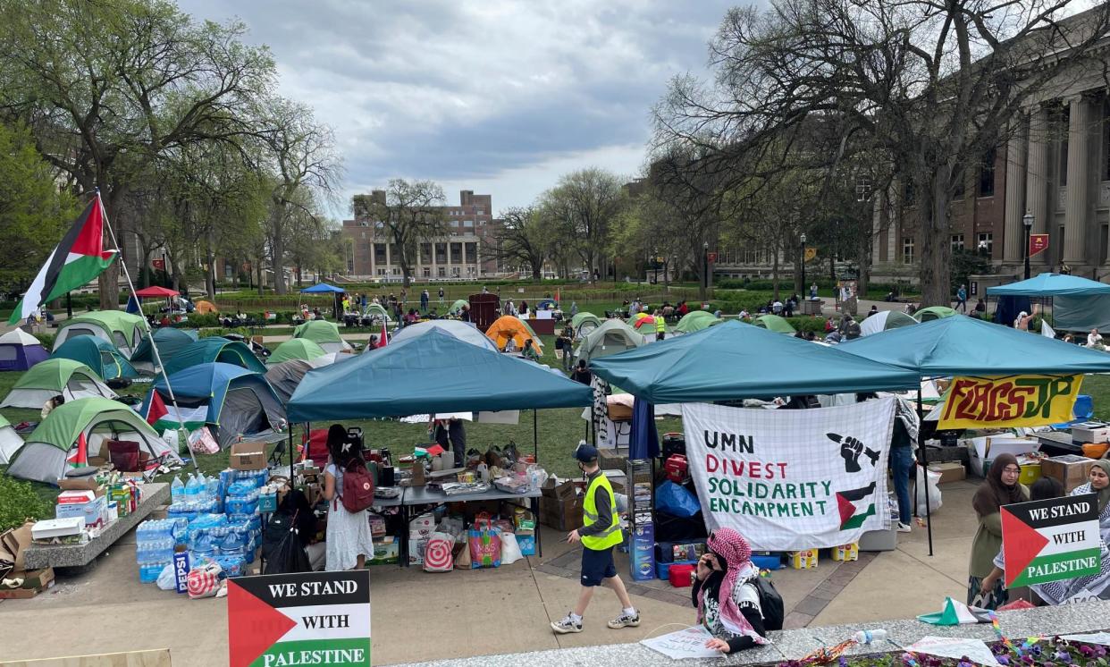 <span>An encampment and pro-Palestinian protest at the University of Minnesota in Minneapolis, Minnesota, on 30 April 2024.</span><span>Photograph: Trisha Ahmed/AP</span>