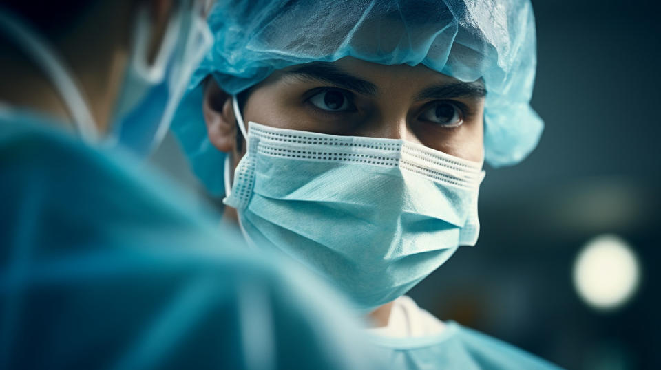 A doctor wearing a surgical mask performing a routine eye treatment at a hospital.